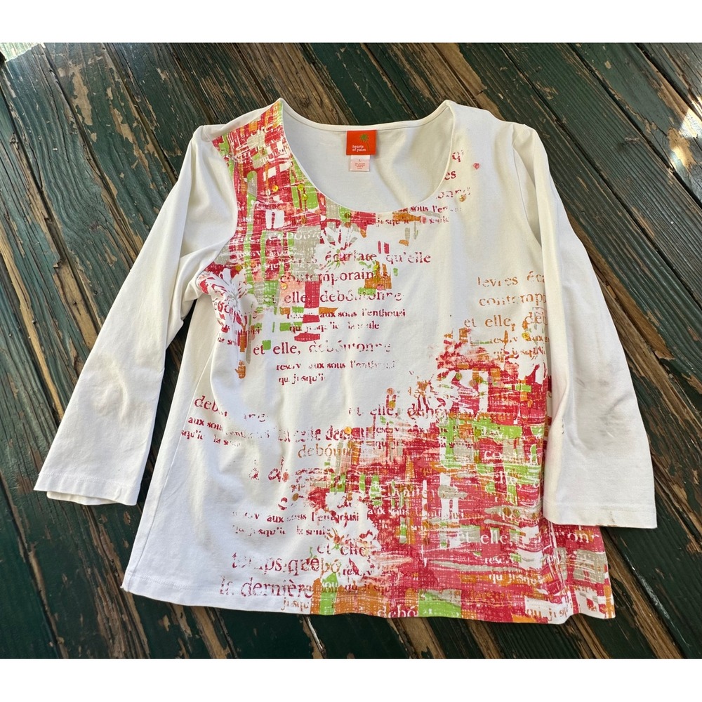 Hearts of Palm White Graphic Print Sequin 3/4 Sleeve Top Large French Script